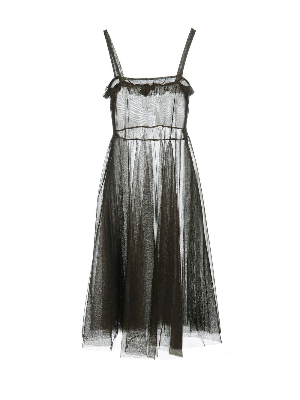 Sheer Black Tulle Midi Dress with Ruffle Trim